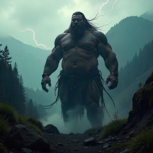 Enumclaw, the Coast Salish spirit of thunder, portrayed as a massive storm-being rising from dense, rolling clouds.