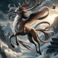 Mythlok - Fei Lian ei Lian, a hybrid wind deity with a sparrow’s head, sharp bull-like horns, a sleek stag body with subtle leopard markings.