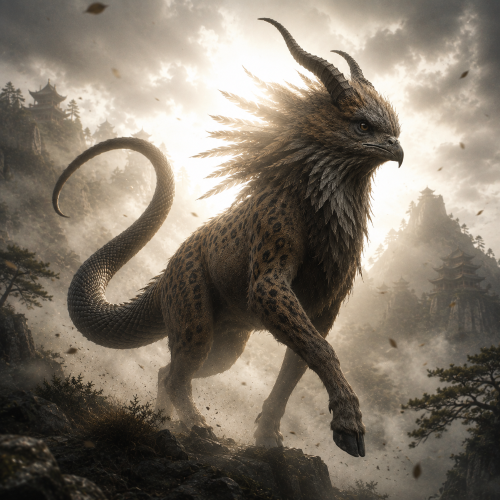 Fei Lian, the Chinese wind deity, depicted as a realistic horned hybrid beast with a sparrow-like head, spotted body, serpent tail, and strong white backlight in a misty mountain landscape.