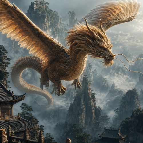 Feilong, the Flying Dragon of Chinese mythology, soaring above mist-covered mountains and traditional Chinese temples.