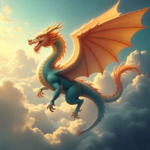 A colossal winged Feilong soaring through swirling golden and azure clouds