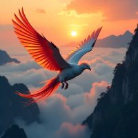 Mythlok - Fenghuang enghuang, the Chinese Phoenix, soaring above mist-filled mountains at sunrise.