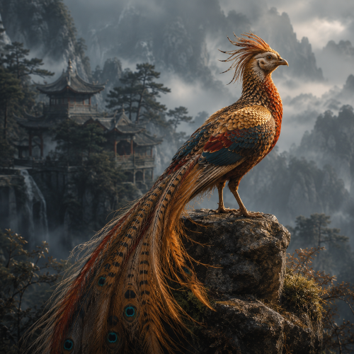 Fenghuang, the mythical Chinese bird, perched on a rocky cliff above misty mountains and traditional Chinese temples.