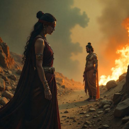 Gandhari at the moment she curses Krishna after the Kurukshetra War