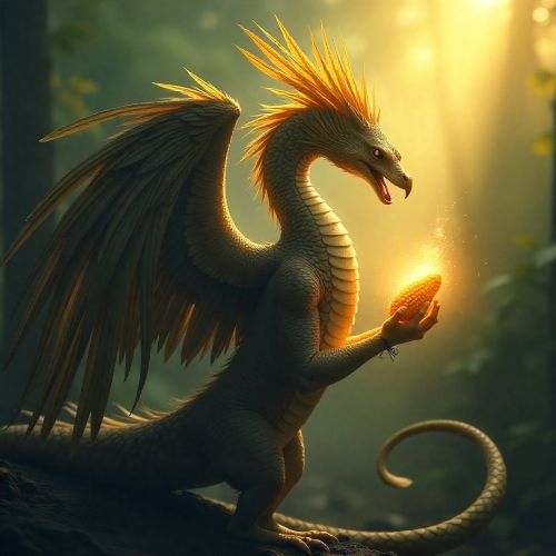 Quetzalcoatl emerging from misty dawn light, holding a glowing golden maize kernel in his serpent-feathered form.