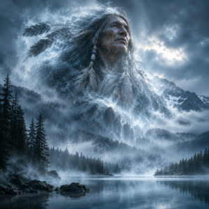 Gitche Manitou depicted as a translucent elder spirit dissolving into mist above a northern lake