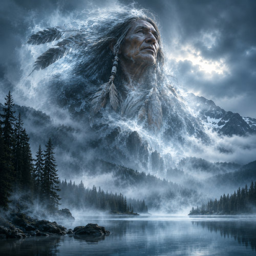 Gitche Manitou depicted as a translucent elder spirit dissolving into mist above a northern lake