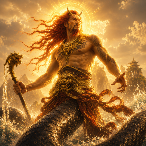 Gonggong, the Chinese water deity, rises from turbulent waters with a serpentine body & red hair