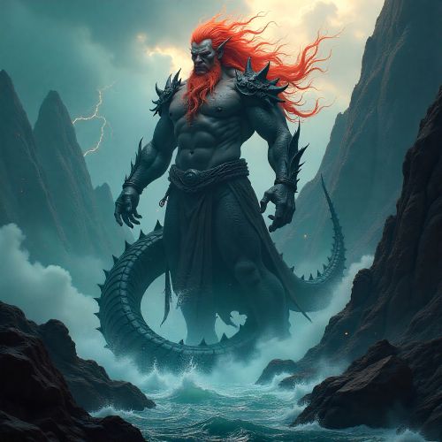 A towering mythological water deity, Gonggong, with a copper-toned human head, fierce red hair, and a massive serpentine black dragon body