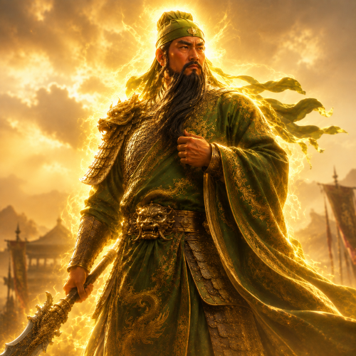 Guan Yu standing in ornate green robes and armor, holding his legendary blade and surrounded by a subtle divine golden glow.
