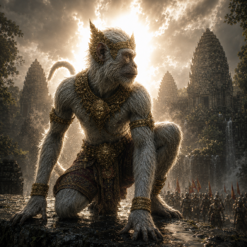 A majestic humanoid Hanuman inspired by Cambodian Reamker tradition;