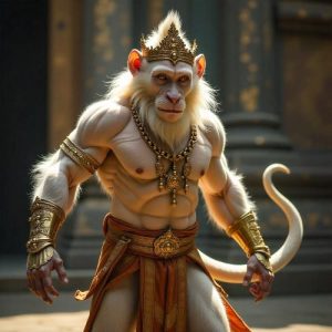 image of Hanuman from the Ramakien, portrayed as a white divine monkey warrior in ornate golden Thai armor