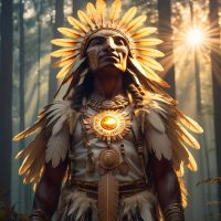Mythlok - Hashtahii A radiant solar deity from Choctaw mythology, Hashtahli appears as a glowing figure surrounded by golden sun rays