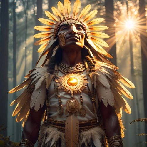 A radiant solar deity from Choctaw mythology, Hashtahli appears as a glowing figure surrounded by golden sun rays