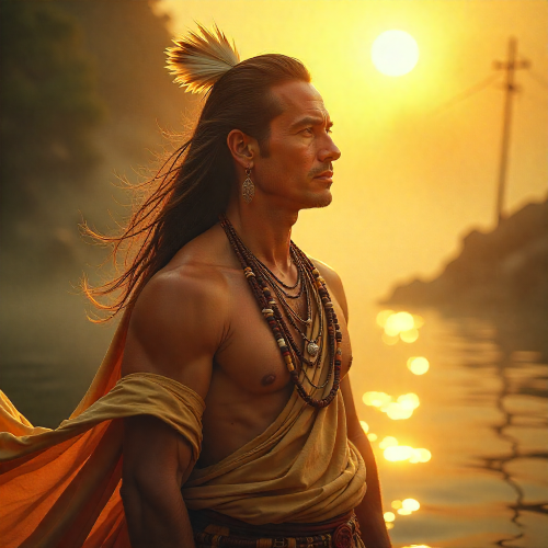 Hesaketvmese, the Master of Breath from Muscogee mythology as an ethereal, radiant being embodying both sunlight and spirit