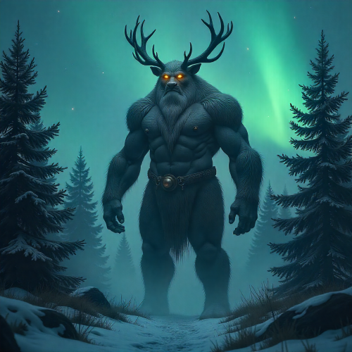 Nishan, the Evenki guardian spirit of the forest — a towering humanoid with reindeer antlers and fur-covered limbs standing amidst a misty Siberian taiga.