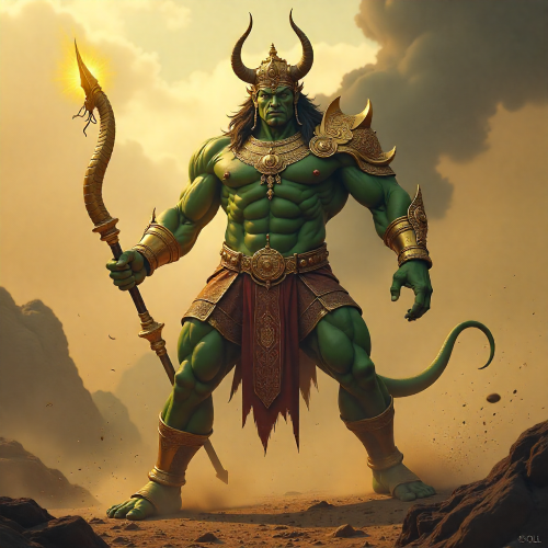 Intharachit, demon-prince of Longka, towering muscular figure with green skin and regal gold-patterned armour
