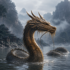 Jiaolong, a Chinese water dragon emerging from a misty mountain lak