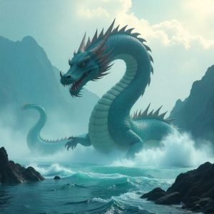 A colossal Jiaolong rising from storm-torn waters