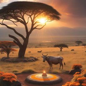A golden Rift Valley landscape at sunrise representing Kalenjin mythology