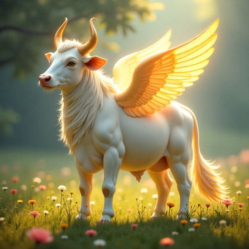 Kamadhenu's Boon from the celestial cow from Hindu mythology, with a radiant white body, gentle human-like face