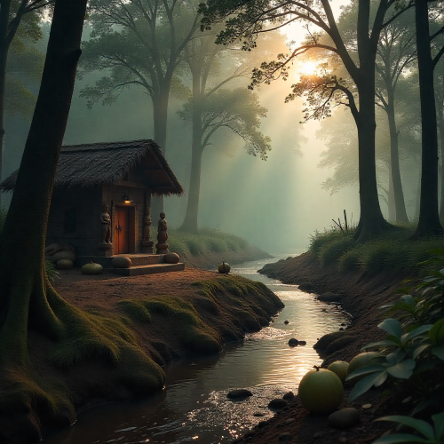 Mythlok - Kaonde_ A misty Zambian forest clearing at dawn representing Kaonde mythology