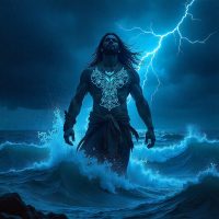 Mythlok - Kapoonis f Kapoonis, the Coast Salish spirit of lightning, shown as a powerful storm-being emerging from swirling rain clouds.