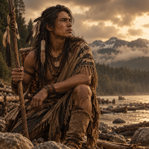 Kapoonis, the Coast Salish lightning spirit, portrayed as a rugged Indigenous hunter