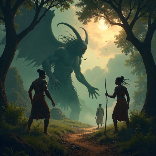 Warumbe and the Origin of Mortality East African mythological scene of the Curse of Death showing Warumbe, the bringer of death, emerging from the underworld with a dark, spectral form, confronting Kintu and Nambi