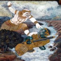 Mythlok - Kumphakan painting Traditional painting of the Thai demon warrior Kumphakan with Hanuman