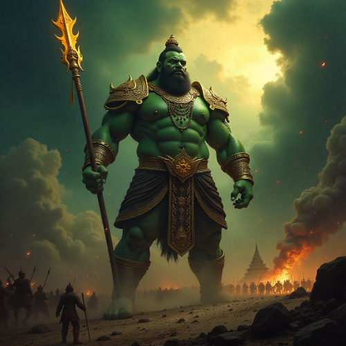 Kumphakan, A colossal green-skinned demon warrior stands on a smoky battlefield under a stormy sky.