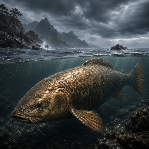 Kun, the colossal mythical fish, swimming through cold Northern Sea waters