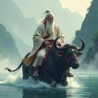 Mythlok - Laozi Laozi as an ancient Chinese sage riding a calm water buffalo through misty mountains