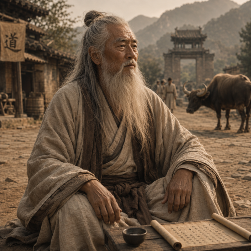 aozi, an elderly Chinese sage in weathered robes, sits beside a calligraphy scroll in a rustic village