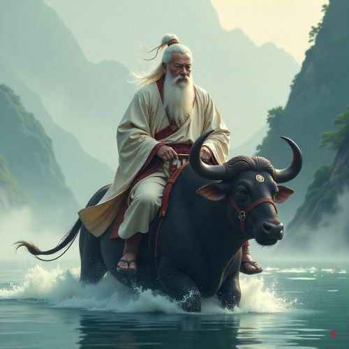 Laozi as an ancient Chinese sage riding a calm water buffalo through misty mountains