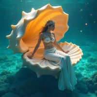 Mythlok - Latmikaik A majestic ocean goddess, Latmikaik, rising from a colossal shimmering giant clam in deep turquoise Palauan waters