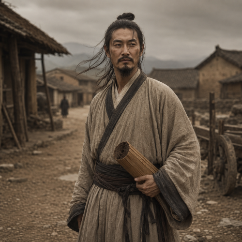 Li Hong, a Daoist messianic figure, stands in a weathered ancient Chinese village holding a rolled bamboo scroll
