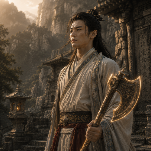 Liu Chenxiang standing with a golden-lined axe before the misty cliffs of Mount Hua.