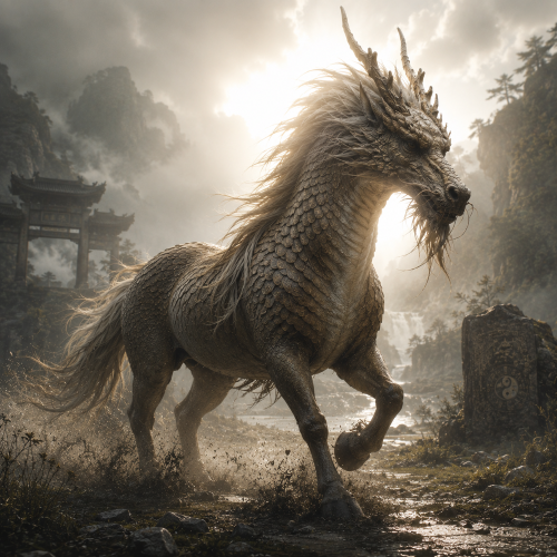 Longma, the Chinese dragon horse, striding through a misty mountain valley