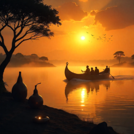 Mythlok - Lozi_ A majestic Zambezi River floodplain at sunrise representing Lozi mythology.