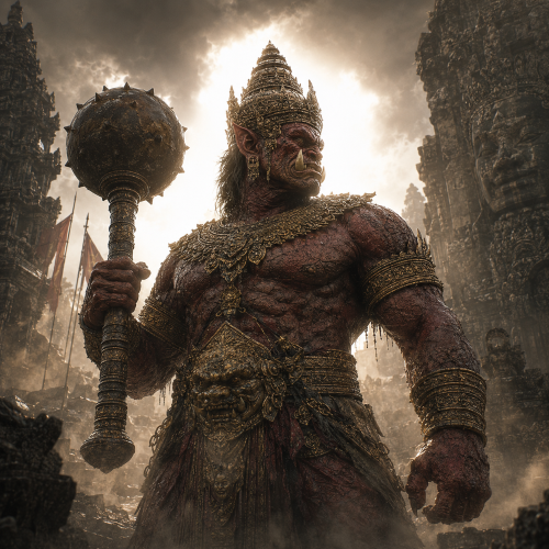 Mahachompoo, A towering Khmer demon-general with rose-red skin, golden armor, and an ornate Khmer headdress stands on a battlefield from the Reamker.