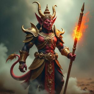 Mahachompoo, A towering Khmer demon-general with rose-red skin, golden armor, and an ornate Khmer headdress stands on a battlefield from the Reamker.