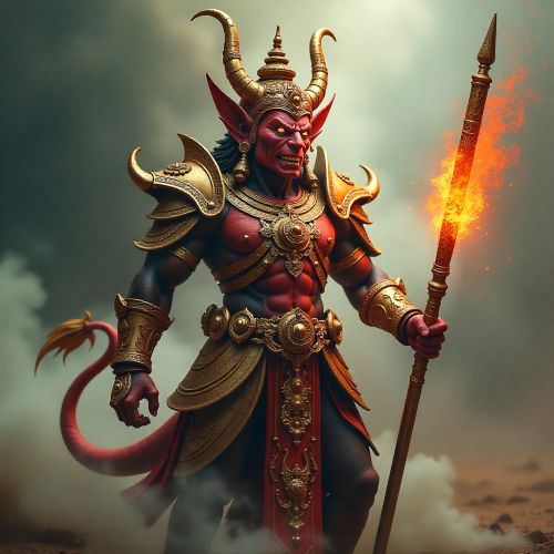 Mahachompoo, A towering Khmer demon-general with rose-red skin, golden armor, and an ornate Khmer headdress stands on a battlefield from the Reamker.