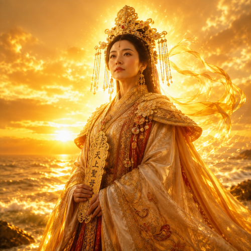 Mazu, the Chinese sea goddess, standing before a golden ocean in ornate imperial robes and a radiant crown.