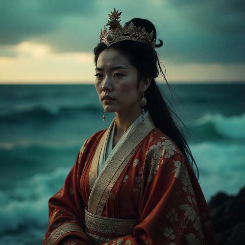 portrait of Mazu, the Chinese sea goddess, standing beside stormy ocean waves at dusk