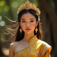 Mythlok - Neang Seda Neang Seda from Cambodian mythology, standing in a golden-lit Angkor Wat courtyard.