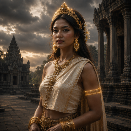 Neang Seda from Cambodian mythology, standing in a Angkor Wat courtyard.