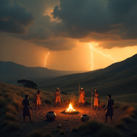 Mythlok - Ngoni_ A dramatic African highland landscape at dusk symbolizing Ngoni mythology.