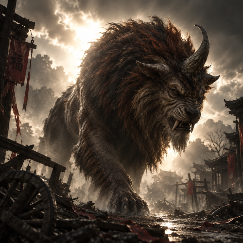 Nian, the mythical Chinese New Year beast, emerging through a misty village with massive horns, dark fur, and sharp tusks