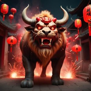 Nian, A fearsome mythological creature with the body of an ox and the head of a lion,